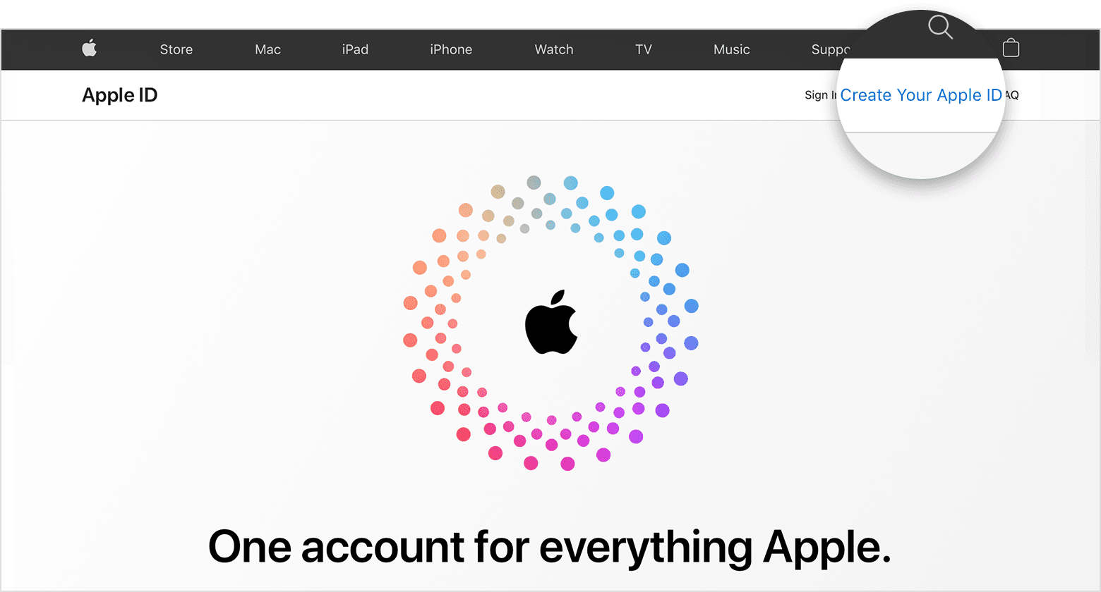 Web screen showing the link for Create your Apple Account 