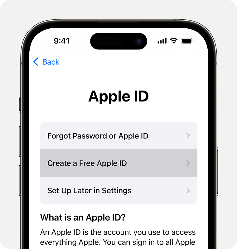 iPhone screen showing the option to select Create a Free Apple Account