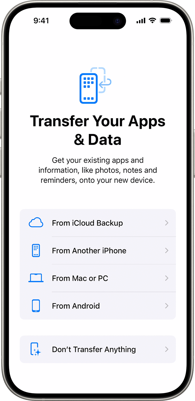 The Transfer Your Apps & Data options when you set up a iPhone in iOS 18